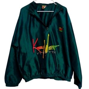 Vintage Surf Style Dark Green Key West Quarter Zip Windbreaker One Size
